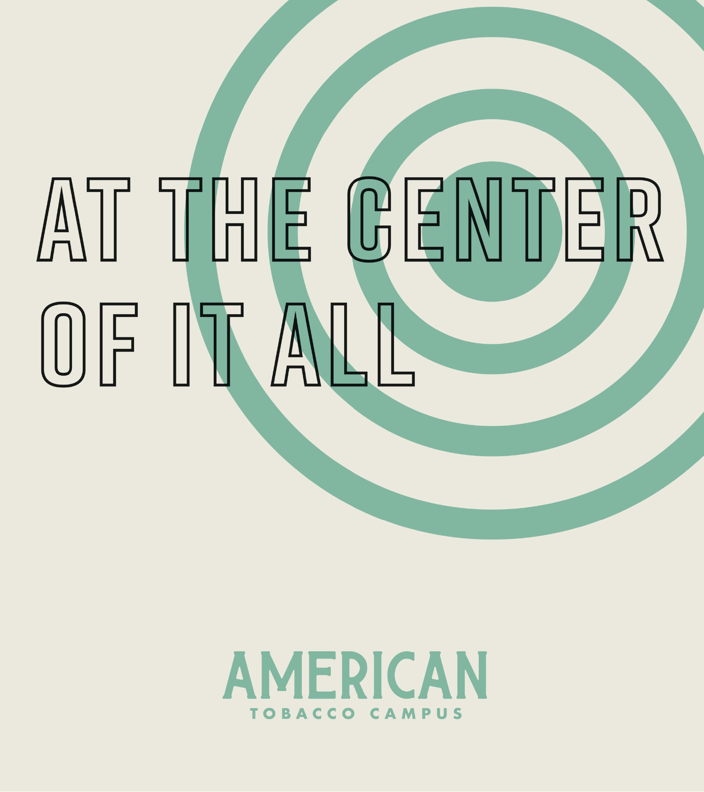 A graphic with the words "at the center of it all" outlined in all caps, with a target shape overlayed on top pof the word "center." the logo for ATC is at the bottom center. 