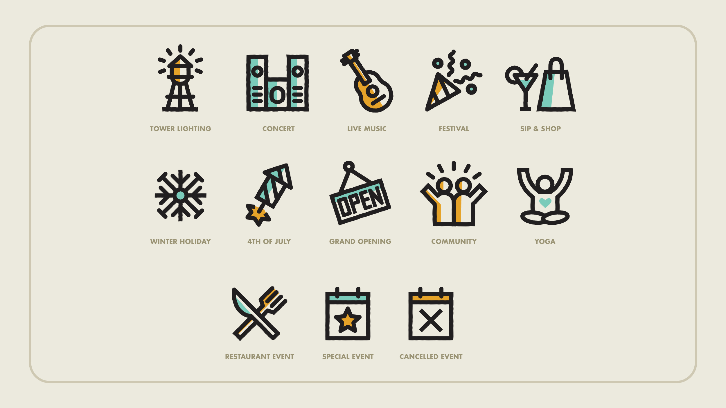 13 icons organized in 3 rows with bright color and energy, representing types of events at ATC such as; tower lighting, concerts, live music, festivals, sip and shop markets, winter events, 4th of July events, grand openings, community events, yoga classes, restaurant events, special events, and cancelled events. 