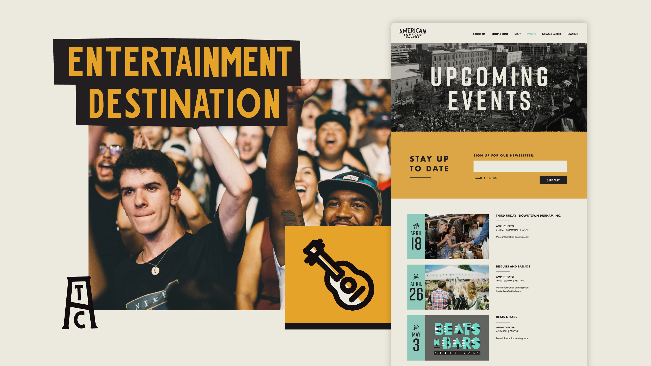 The words "Entertainment Destination" act as a title to graphics and images collaged on the page. There is a mockup of the "events" page on the ATC website that displays a list of events from a desktop view, with a guitar icon and image of a concert crowd next to it. 