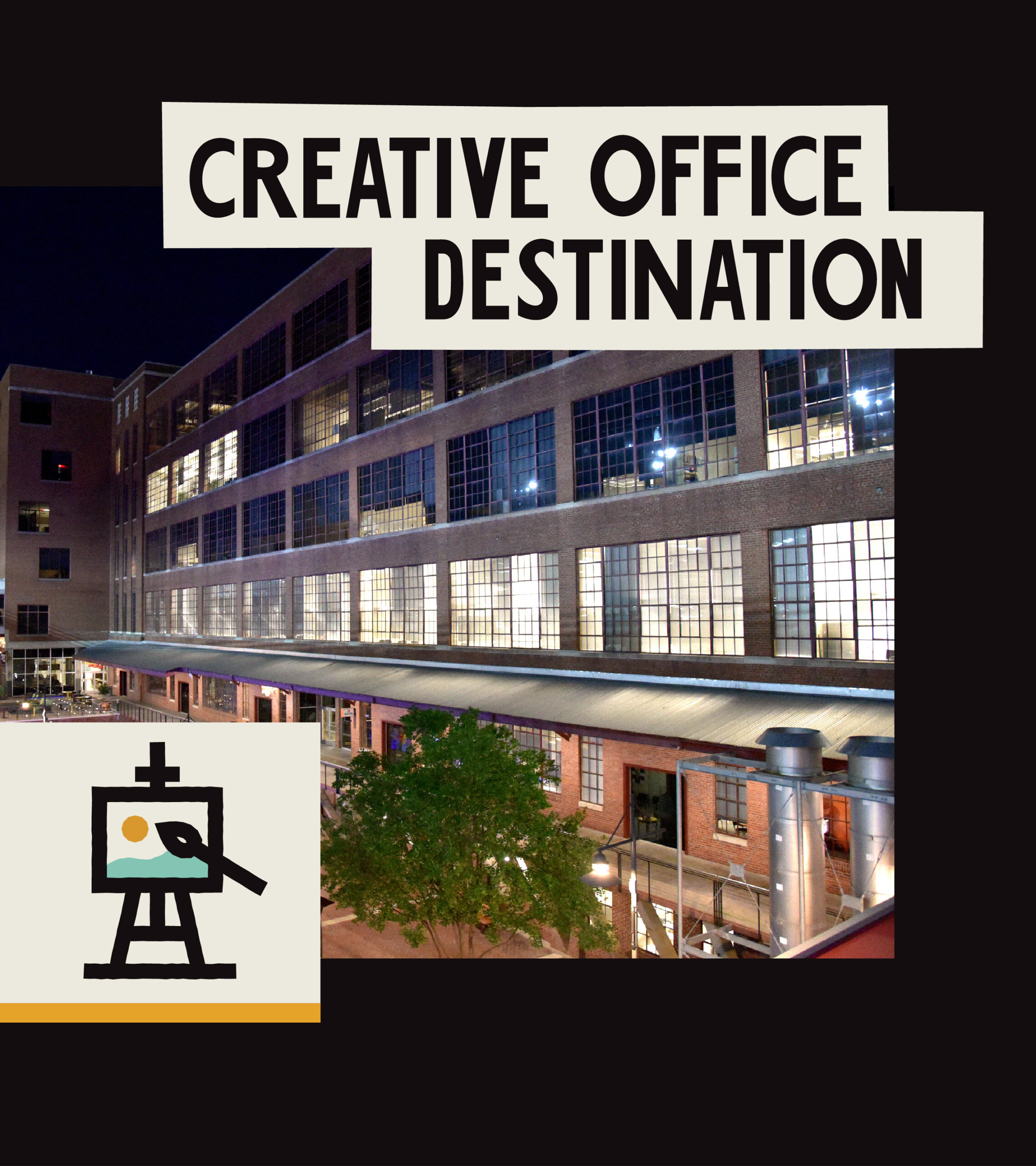 The words "Entertainment Destination" act as a title for describing the image below it, which is a large windowed building from the ATC campus. An icon of an easel and paintbrush is to the side. 