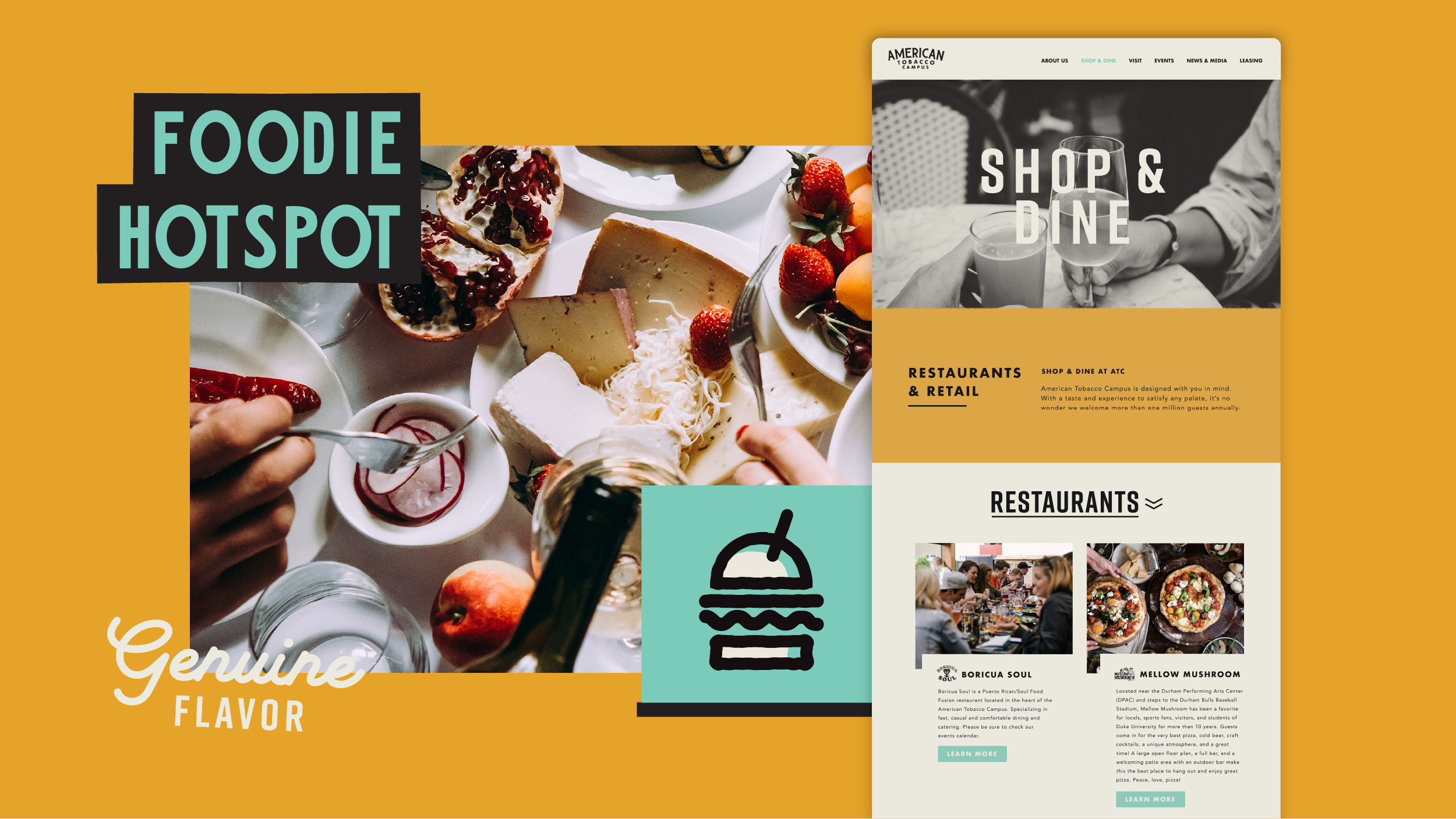 The words "Foodie Hotspot" act as a title to graphics and images collaged on the page. There is a desktop-view mockup of the "events" page on the ATC website that lists restaurants at ATC in a grid. from A cheeseburger icon and image of a full food table are next to, with the words "genuine flavor" smaller in the corner. 