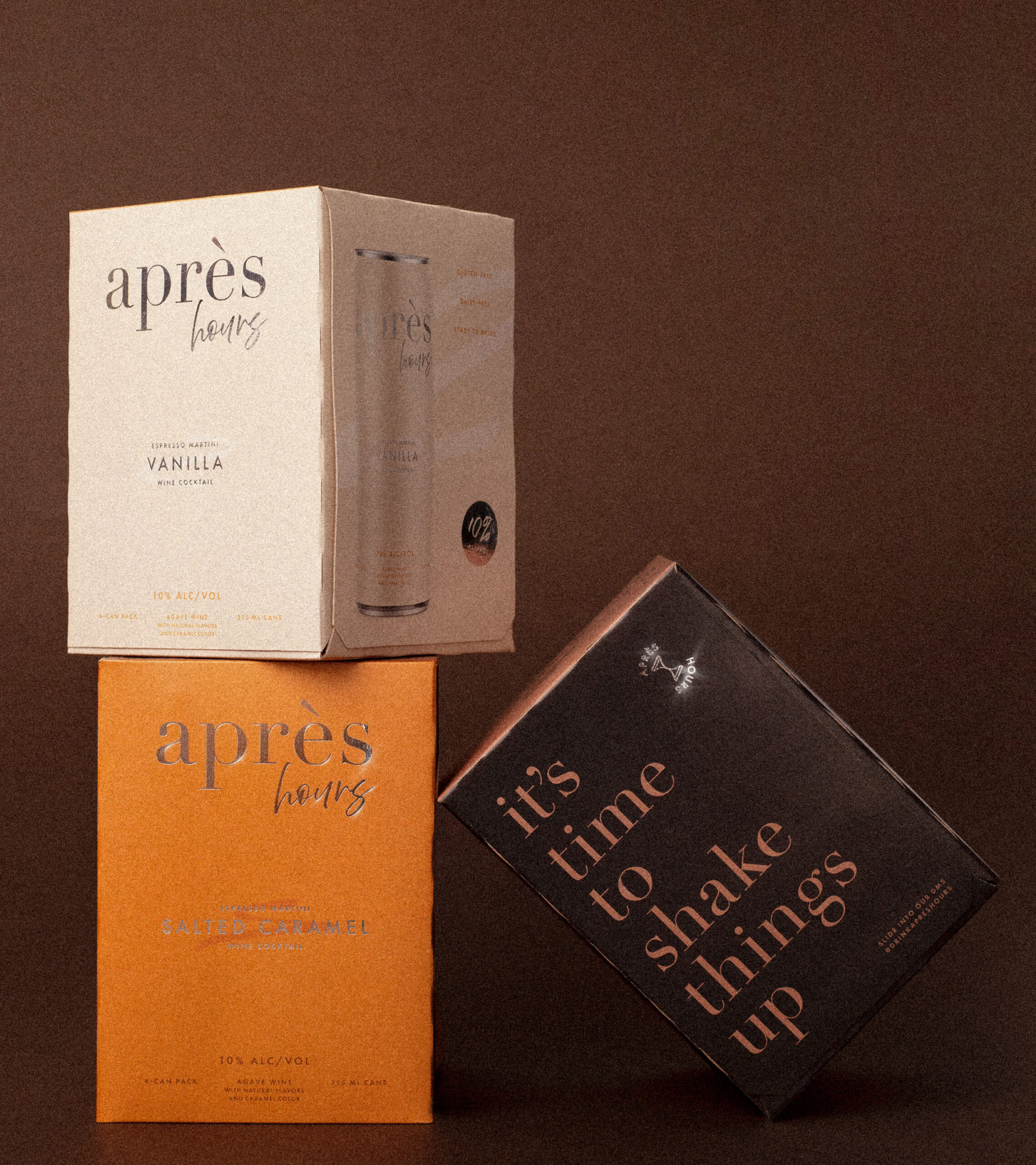Après Hours espresso martini can boxes altogether on a brown background
