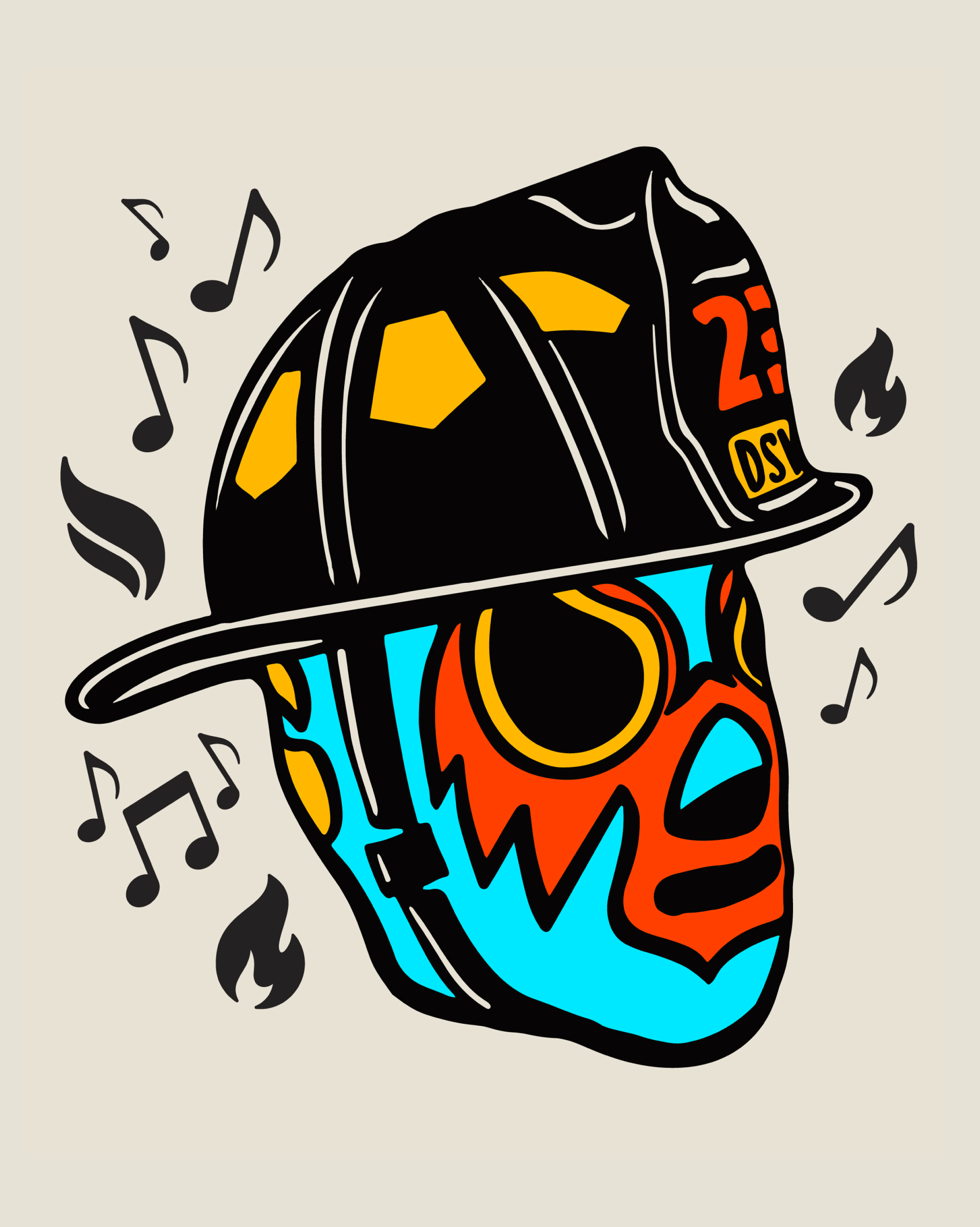 Luchador mask wearing a firefighter helmet.