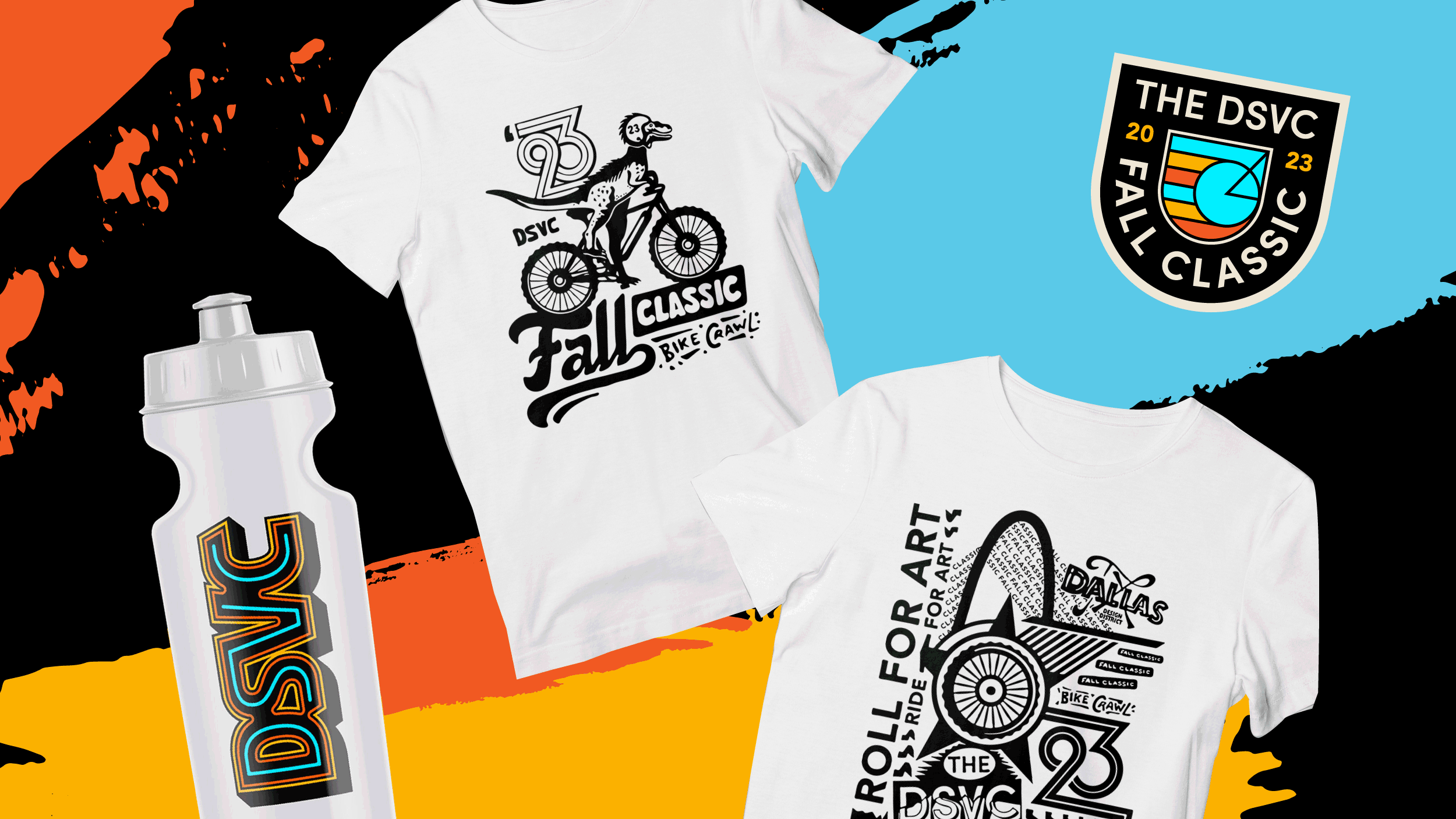 Event t-shirts and water bottle on a colorful and painterly background.