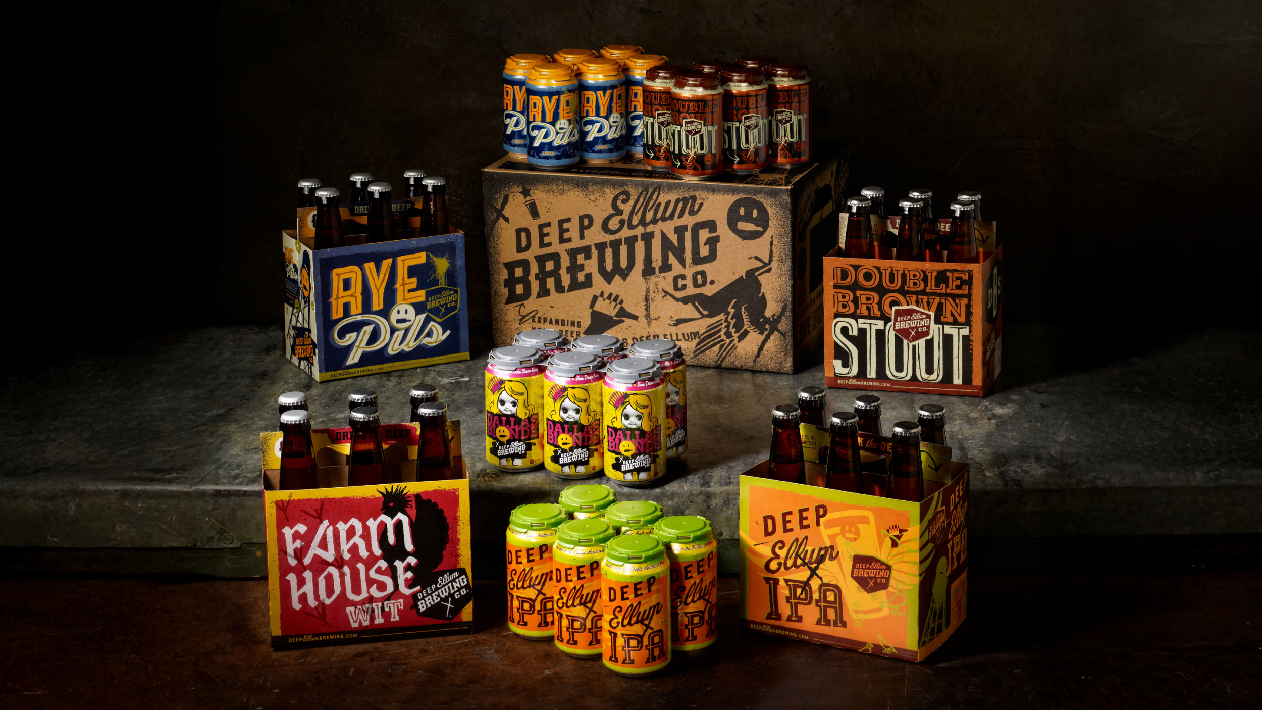 Deep Ellum Brewing Company packaging series with beer six-packs altogether