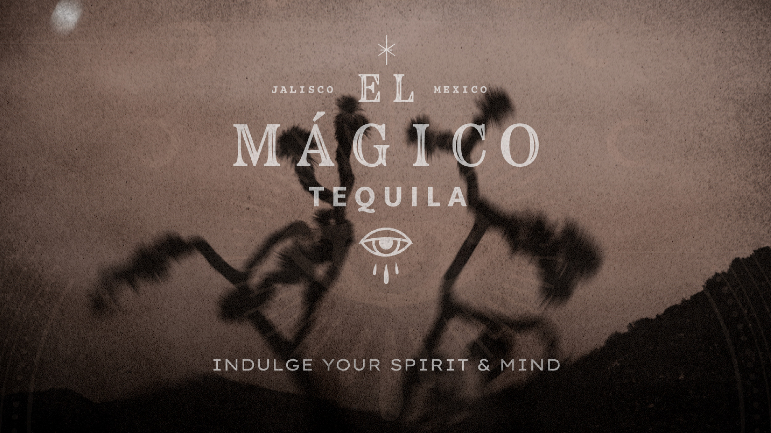 El Mágico Tequilo logo in front of a blurry image of a desert tree