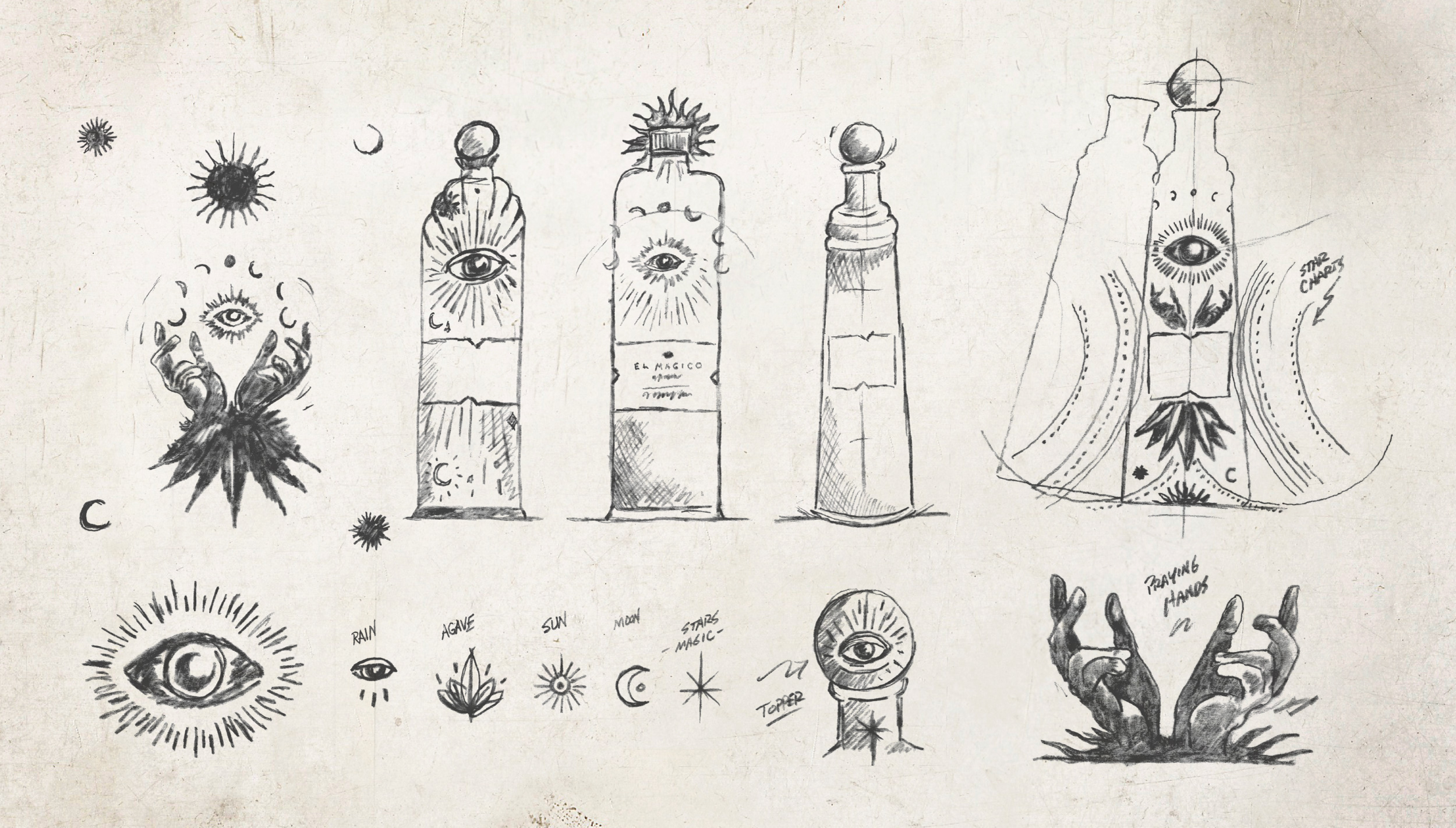 Preliminary sketches of El Mágico Tequila bottle and brand elements.