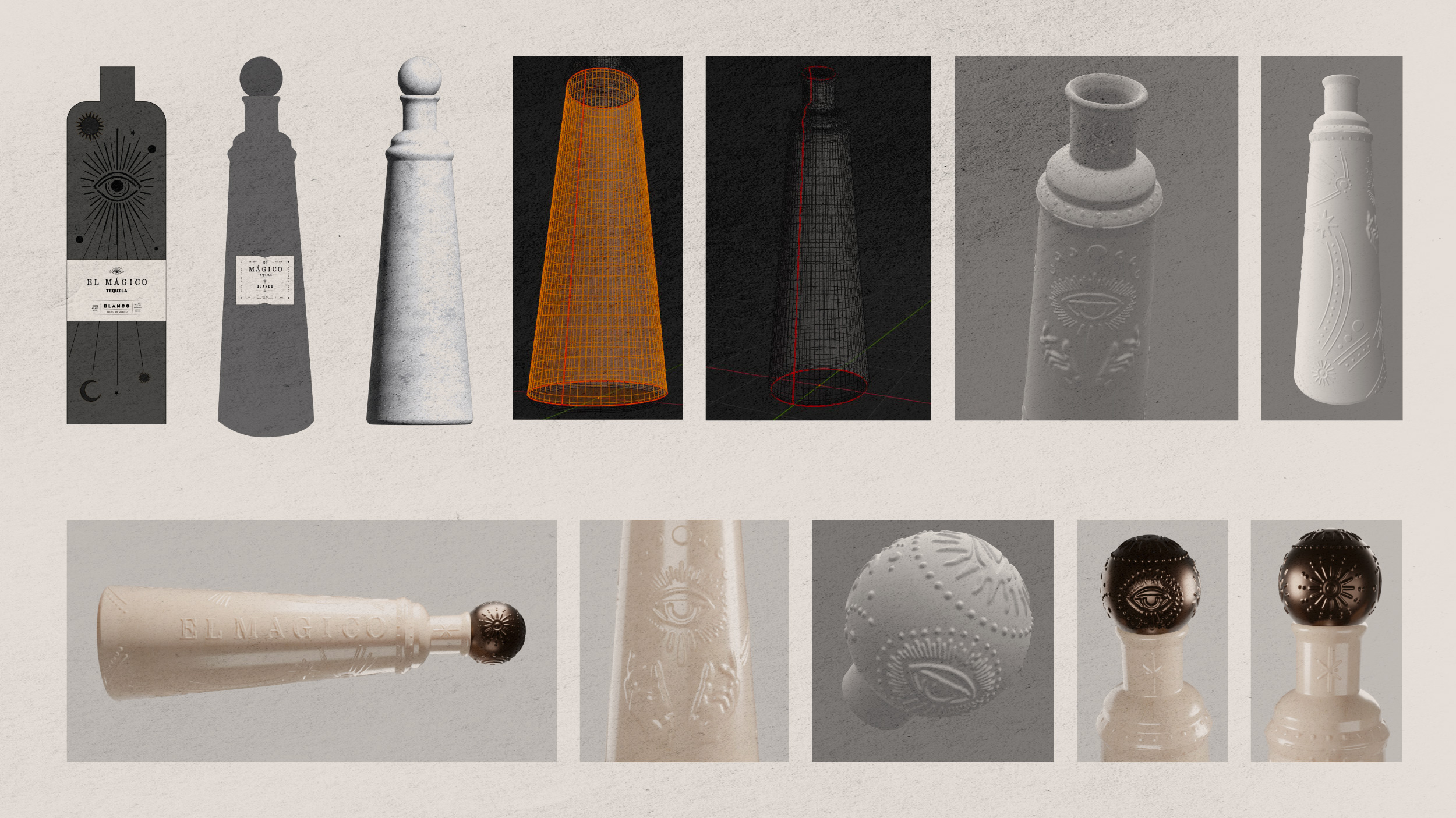 3D renders of El Mágico Tequila bottle and cap.