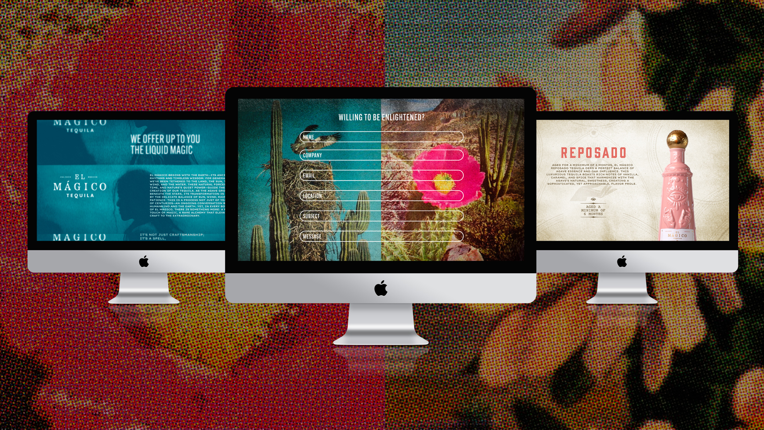 3 computer screens that show the El Mágico Tequila website, with a mystical background of flowers. 