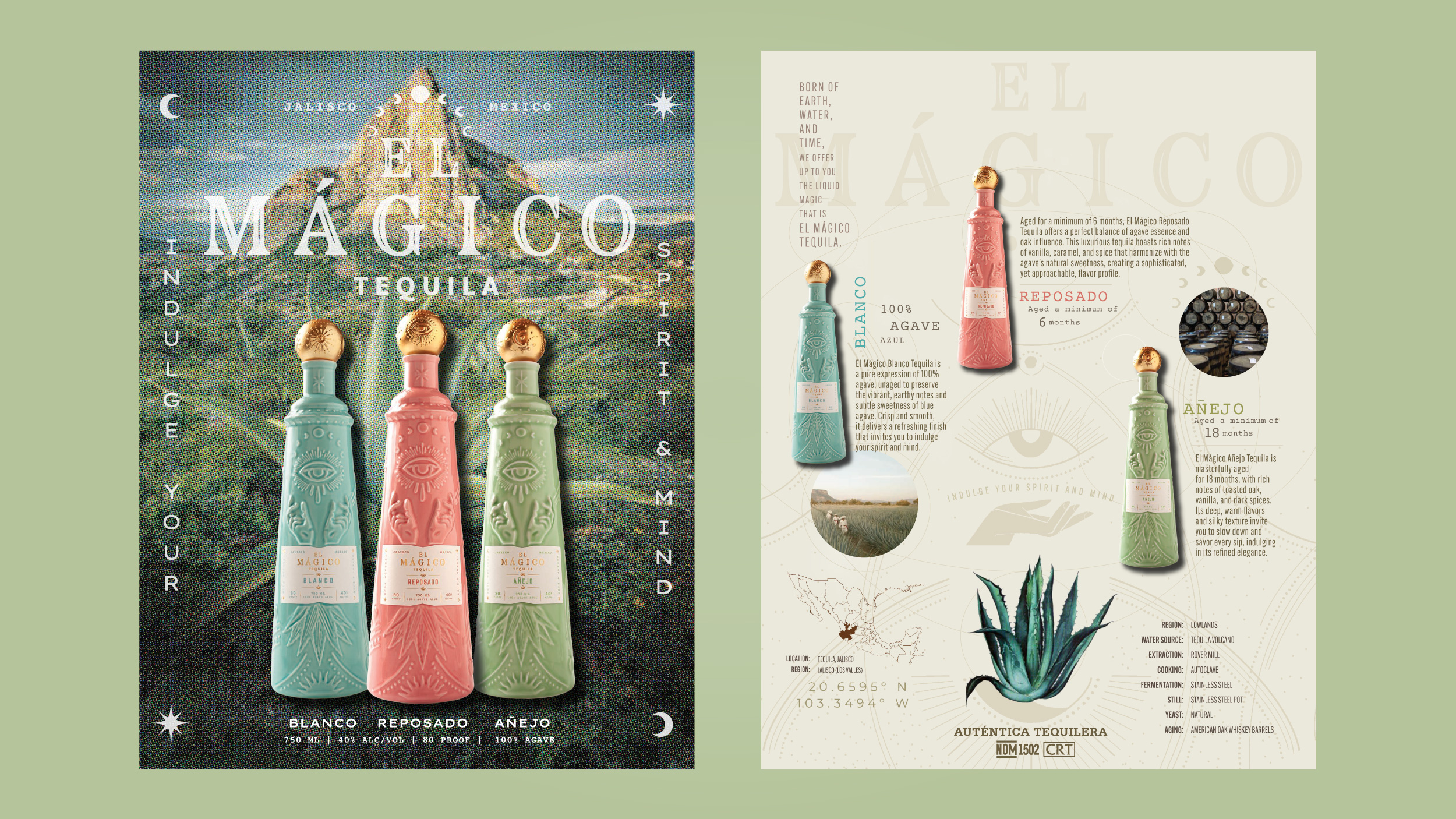 Front and back of sales sheet for El Mágico Tequila.

Front: The three flavored bottles with branded elements surrounding them, and a mystical background.

Back: The three flavored bottles with branded elements surrounding them, and profile information for each flavor.