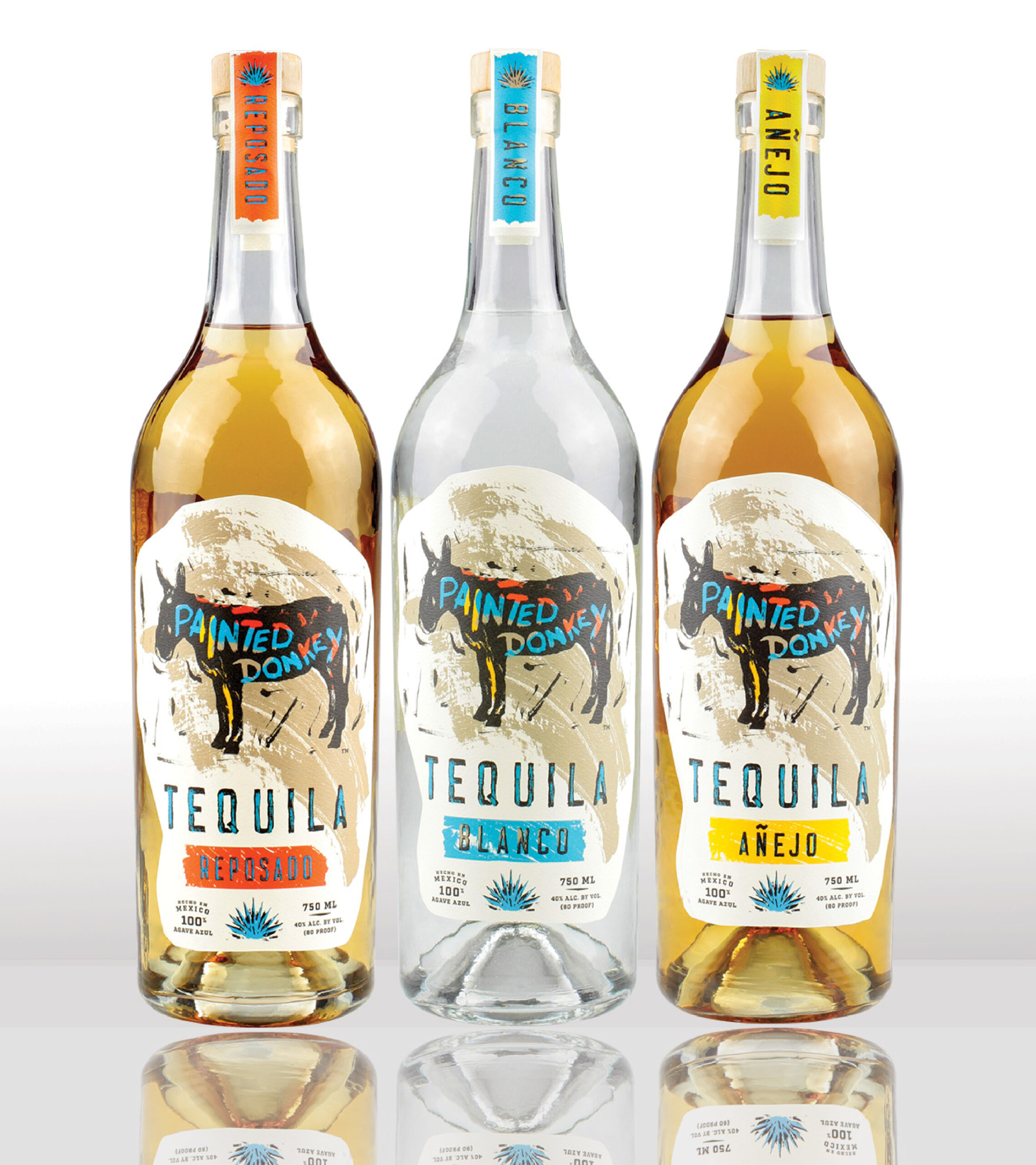 Painted Donkey Tequila bottles: Reposed, Blanco, and Anejo