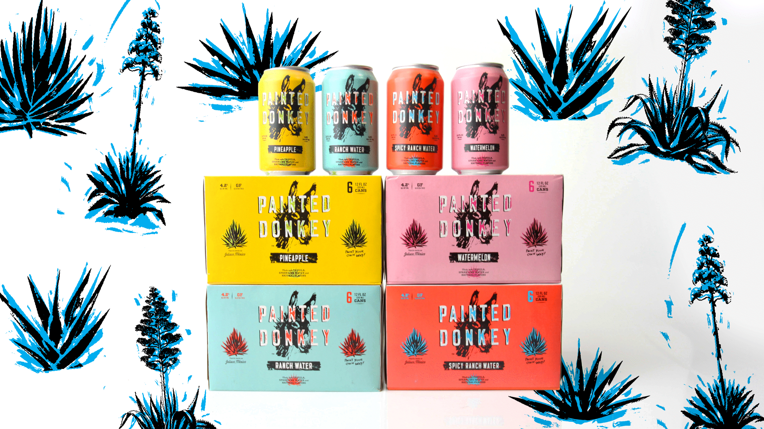 Ready to drink Painted Donkey offerings, with their respective boxes, with an animated branded background
