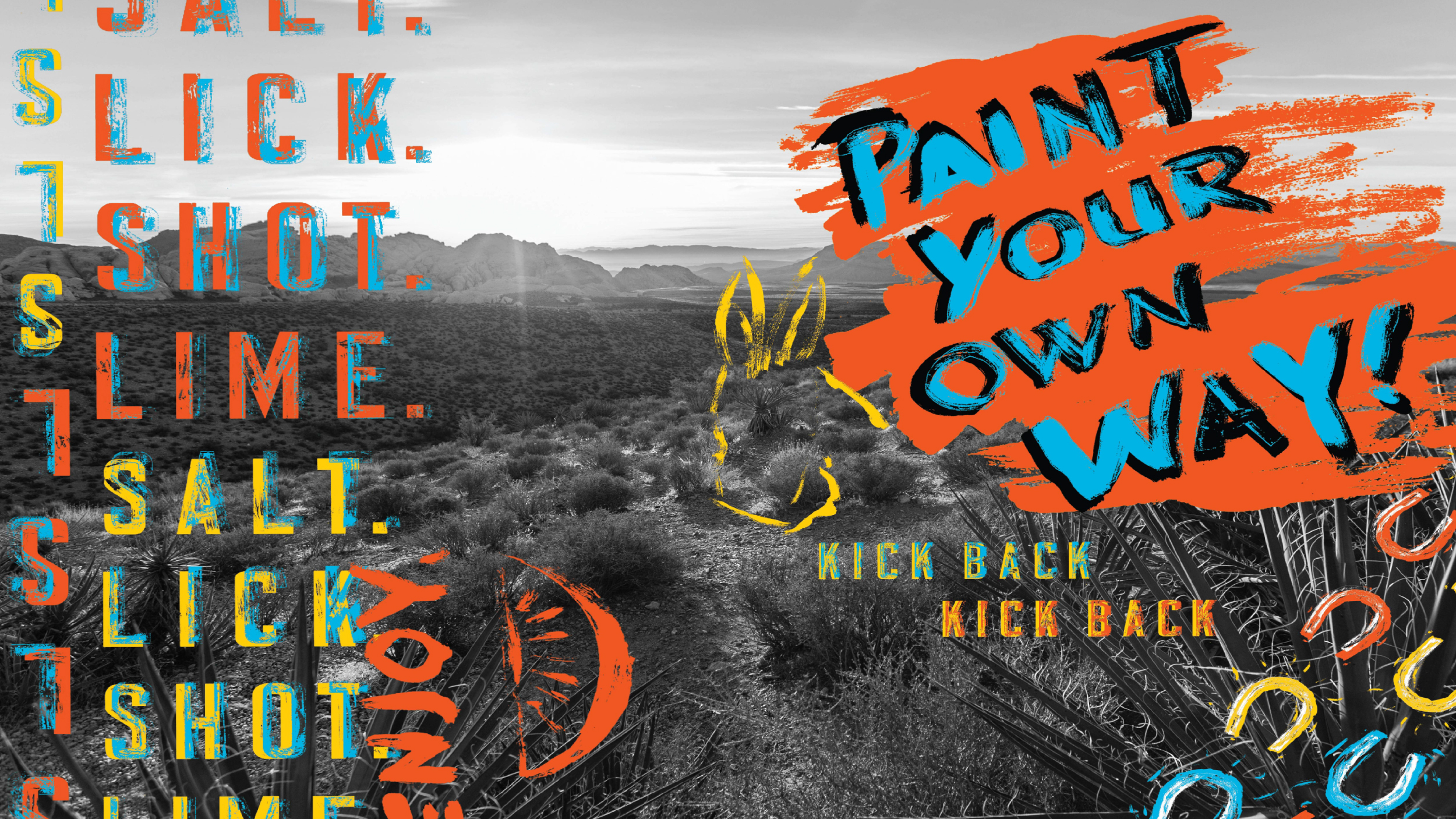 Painted Donkey branded taglines over white and black desert image in the background