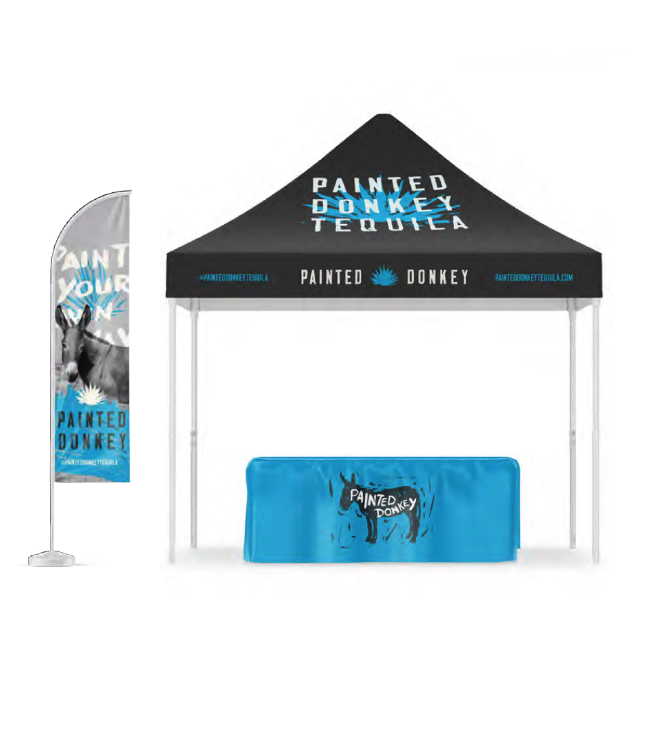 Painted Donkey table cloth, tent, and exterior branded flag