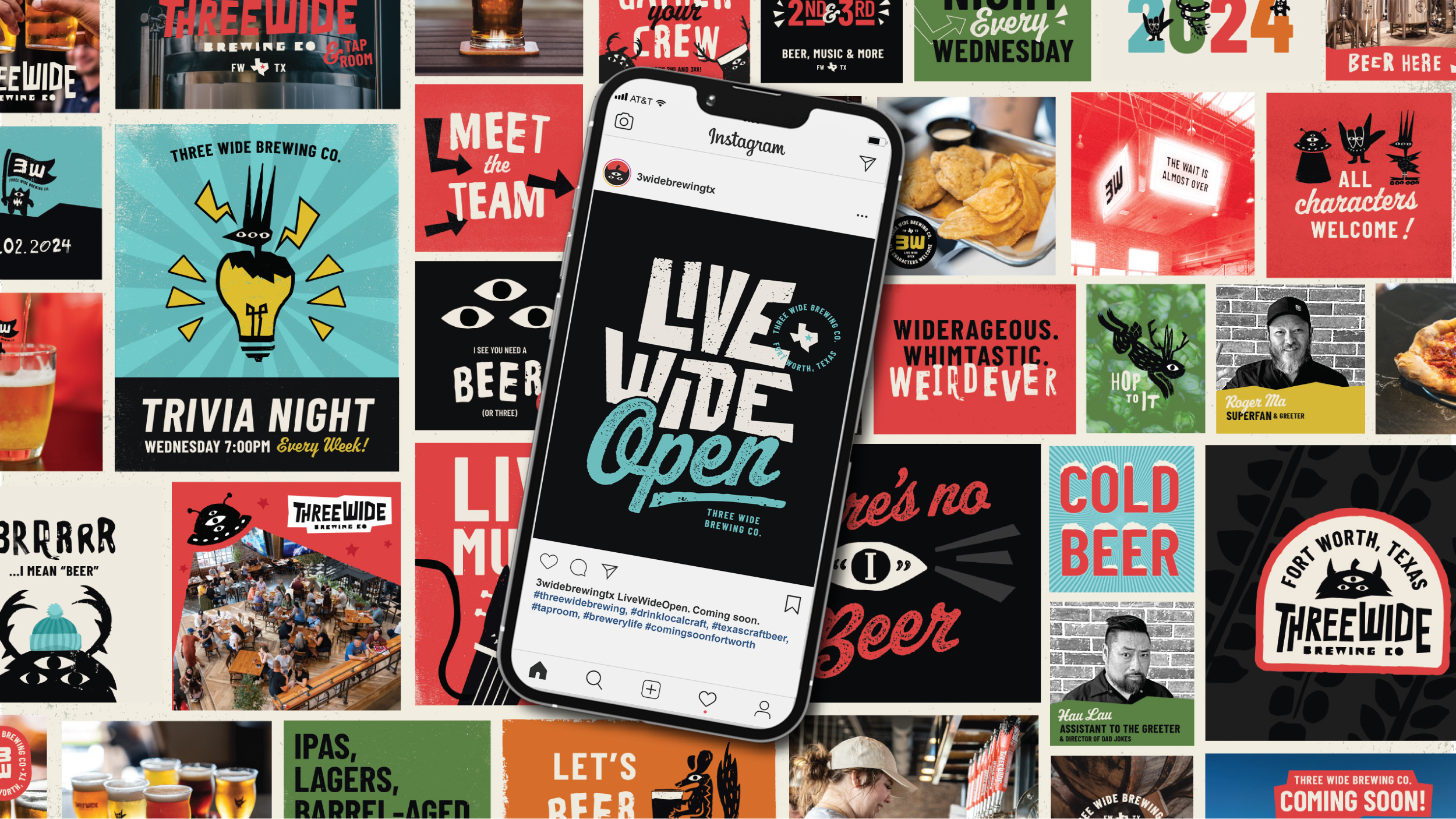 Collage of Three Wide Brewing Co social media posts featuring colorful graphics promoting events like trivia night, live music, team introductions, and the slogan “Live Wide Open,” with a central image of a phone displaying an Instagram post.
