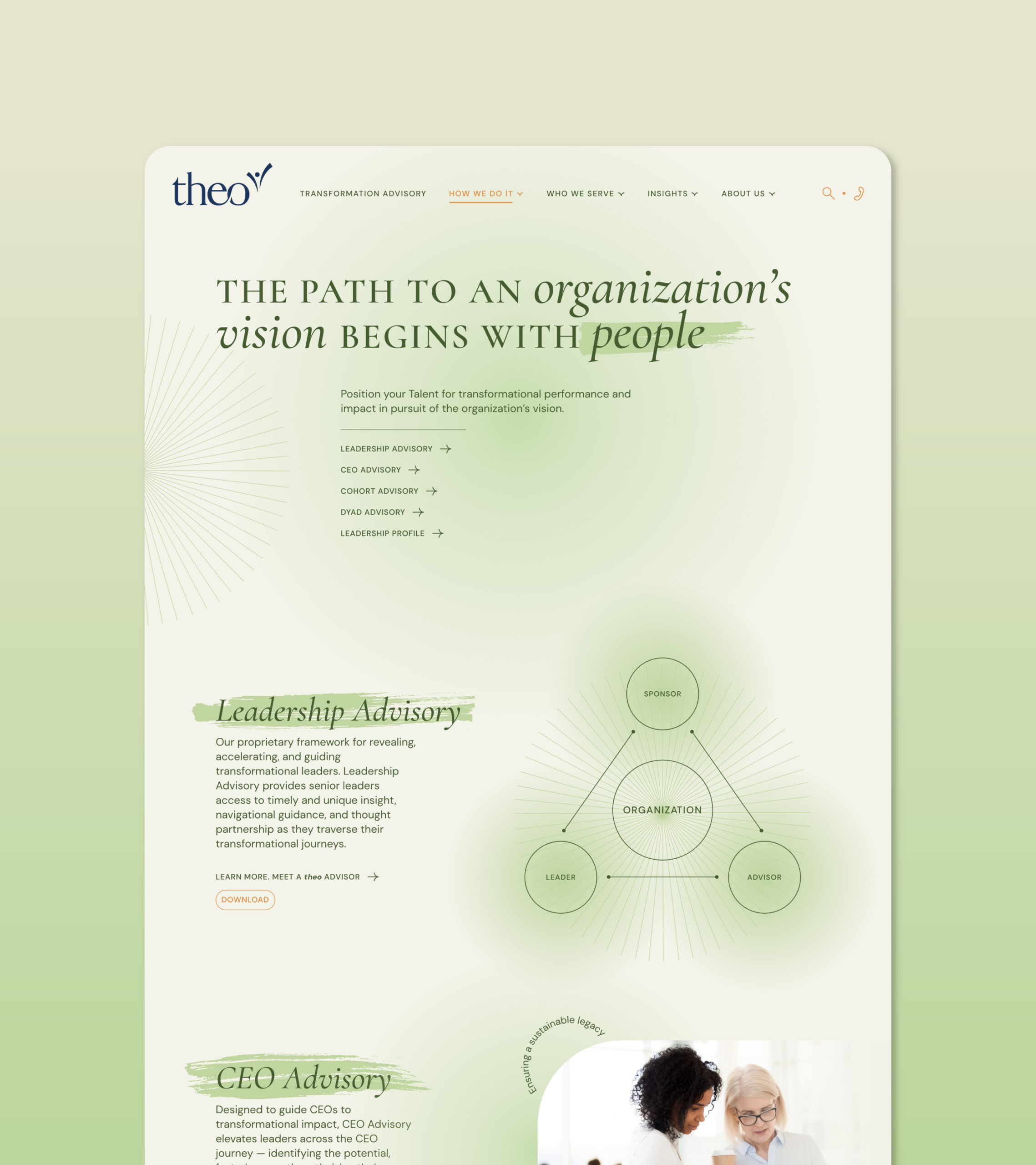 theo Leadership advisory web page over green gradient